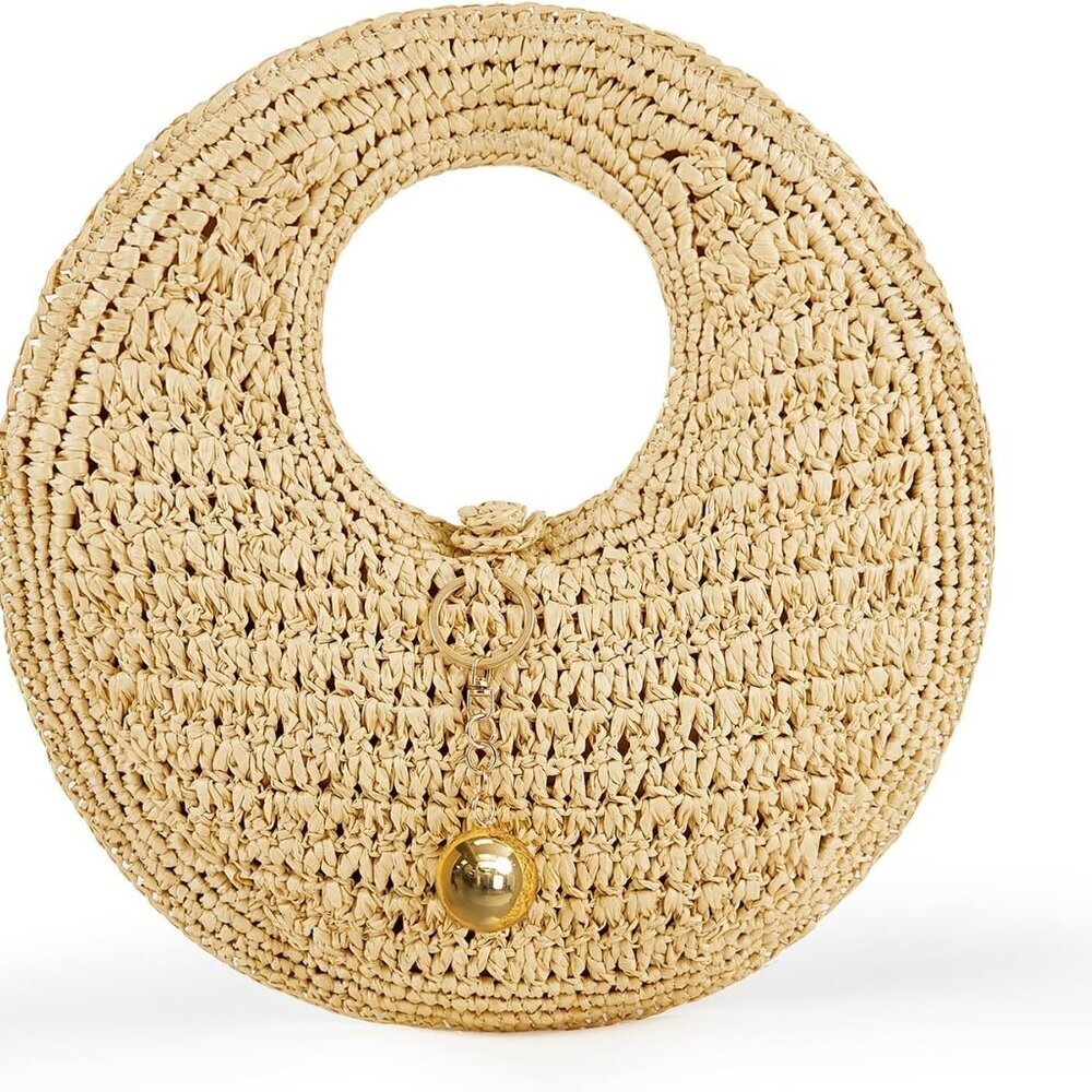 Woven Straw Beach Bag Women Handmade Raffia Large Round Tote Purse